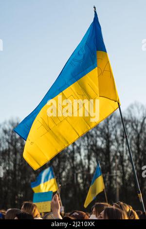 Ukrainische Flagge auf dem blauen Himmel Hintergrund mit Text speichern Ukraine. Unterstützung des Ukraine-Streiks gegen russische Invasion Stockfoto