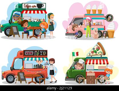 Flohmarkt-Konzept mit Satz von verschiedenen Food Trucks Illustration Stock Vektor
