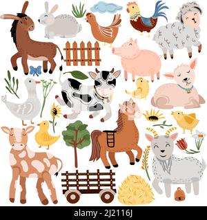 Große Reihe von Bauernhof mit Tieren. Haustiere, Ziege, Esel, Schwein, Kuh, Huhn, Schubkarre, Heu, Blumen und mehr. Niedliche Nutztiere für Ihr Design. Tiere im Boho-Stil. Vektorgrafik Stock Vektor