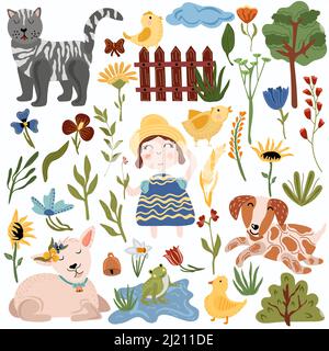 Big set Elemente, Blätter, Blumen, Mädchen, lustiger Hund, Niedliches Huhn, Frosch am Teich, Lamm, Katze und andere. Sonnige Tage. Boho-Stil. Vektorgrafik. Stock Vektor