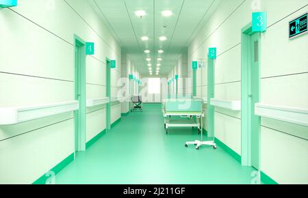 Innenkorridor eines Krankenhauses. 3D Rendern Stockfoto