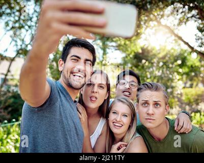 Den Moment bewahren. Eine kleine Aufnahme einer jungen Gruppe von Freunden, die Selfies machen, während sie draußen in der Sommersonne ein paar Drinks genießen. Stockfoto