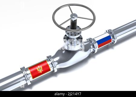 Gaspipeline, Flaggen von Montenegro und Russland - 3D Abbildung Stockfoto