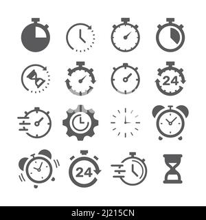 Uhr, Stoppuhr mit schwarzem Vektor-Symbol eingestellt. Chronometer, schnelle Uhr und 24 Stunden gefüllte Symbole. Stock Vektor