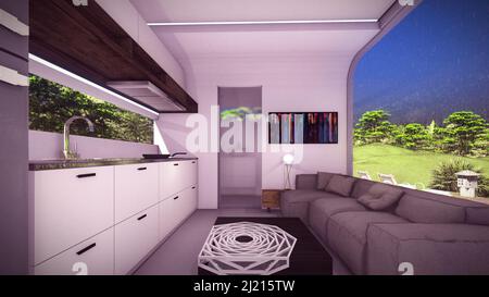 Eine 3D Rendering-Illustration einer Küche, die für ein Ferienhaus lebt Stockfoto