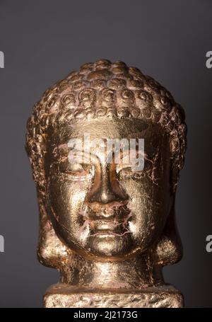 Goldene Siddharha Gautama Buddha Statue als Innendekoration, Nahaufnahme Portrait Ansicht Stockfoto