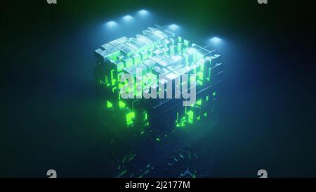 3D Illustration von 4K UHD Würfel, der mit Neonlicht leuchtet Stockfoto