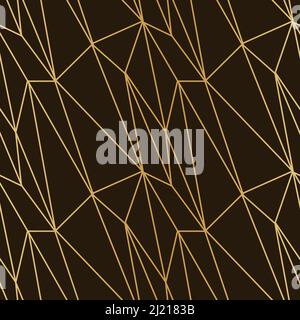 Dreiecke Mosaik aus dünnen goldenen Linien auf einem dunklen luxuriösen Hintergrund nahtlose Muster für das Einwickeln von Papiertextilien. Stock Vektor