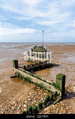 Verkrustete und verwitterte alte Holzgroyne am Strand bei Ebbe am Ufer von Heacham, West Norfolk, England Stockfoto