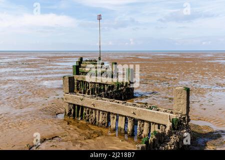 Verkrustete und verwitterte alte Holzgroyne am Strand bei Ebbe am Ufer von Heacham, West Norfolk, England Stockfoto
