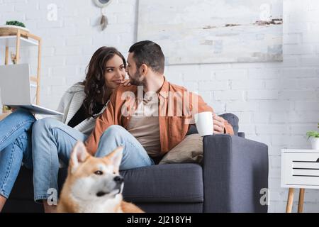 Lächelndes junges Paar mit Laptop und Tasse, das auf der Couch in der Nähe des akita-Inu-Hundes sitzt Stockfoto