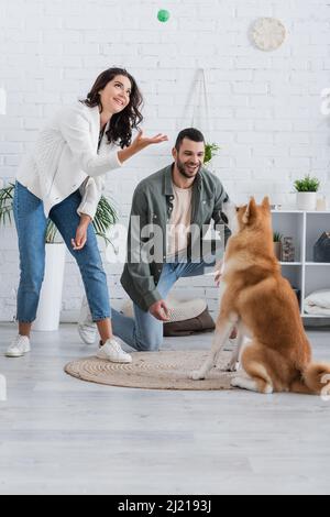 Glückliche Frau wirft Gummispielzeug, während sie mit akita Inu Hund in der Nähe lächelnden Freund spielt Stockfoto