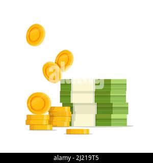 Stapel von Goldmünzen und Papierrechnungen Stock Vektor