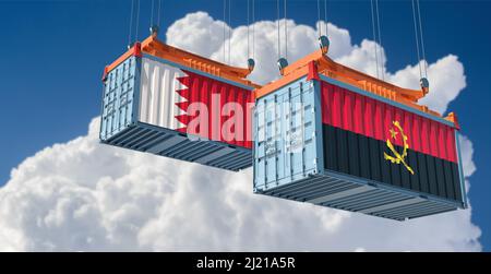 Frachtcontainer mit Bahrain- und Angola-Nationalflaggen. 3D Rendering Stockfoto