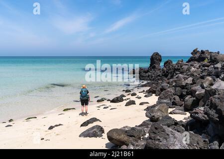 Eine Wandererin, die einen Rucksack trägt, steht an einem weißen Strand, umgeben von schwarzen vulkanischen Felsen, und blickt auf das Meer am Handam Beach in Jeju, Südkorea Stockfoto