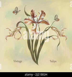Vintage botanische Illustration. Anmutige Frühlingszwiebeln und Schmetterlinge. Handzeichnung Aquarell, Malerei auf Leinwand, Innenposter Stockfoto