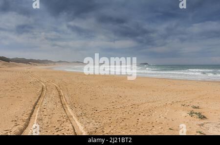 Reifenspuren auf dem Sand des Emty Beach Stockfoto