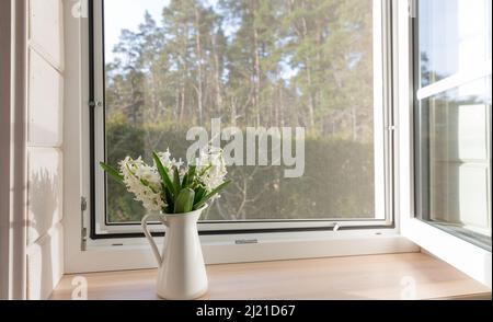 Weißes Fenster mit Mosuito-Netz in einem rustikalen Holzhaus mit Blick auf den Blütengarten. Stockfoto