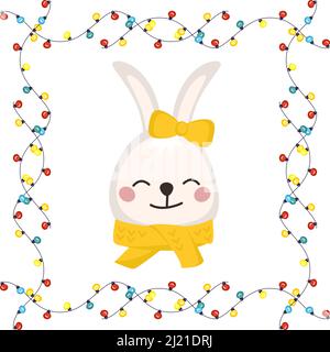 Niedliches weißes Kaninchen oder Hase mit Schleife und Schal in kindlichem Stil mit Rahmen aus festlichen Girlanden mit Lichtern. Lustiges Tier mit glücklichen Gesicht. Vektorgrafik flache Illustration für Urlaub Stock Vektor