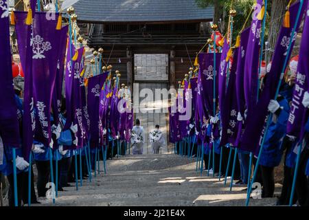 iida, nagano, japan, 2022/24/03 , Shinto Priester klettern die Stufen, die zum Schrein von Omiya gegen Ende der religiösen Prozession, wo t Stockfoto