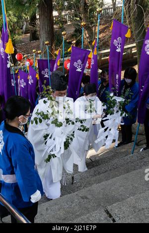 iida, nagano, japan, 2022/24/03 , Shinto Priester klettern die Stufen, die zum Schrein von Omiya gegen Ende der religiösen Prozession, wo t Stockfoto