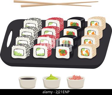 Set mit japanischer Sushi-Schale, Brötchen. Köstliche orientalische traditionelle Speisen auf schwarzem Tablett mit Essstäbchen, Ingwer, Wasabi und Sojasauce. Vektorgrafik für flache Lebensmittel Stock Vektor