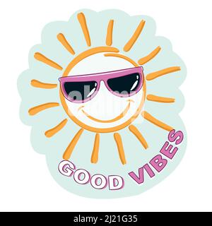 Handgezeichnete Happy Sun und Schriftzug von Good Vibes. Stock Vektor