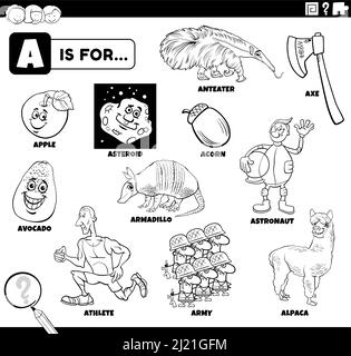 Schwarz-Weiß-Bildungs-Cartoon-Illustration von Comic-Figuren und Objekte beginnend mit Buchstaben Ein Arbeitsblatt für Kinder Malbuch Seite Stock Vektor