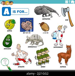 Pädagogische Karikatur Illustration von Comic-Figuren und Objekte beginnend mit Brief Ein Arbeitsblatt für Kinder Stock Vektor