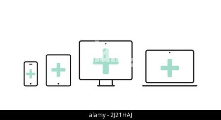 Health Device Icon Set: Smartphone, Tablet, Laptop und Desktop-Computer mit medizinischen Kreuzen. Vektorgrafik, flaches Design Stock Vektor