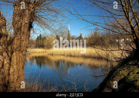 Graben an der Kolvenburg und blick auf die Kirchtürme Billerbeck, Deutschland, Nordrhein-Westfalen, Münsterland, Billerbeck Stockfoto