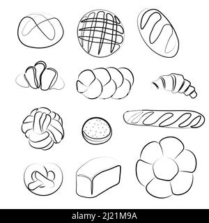 Trendy Vektor-Set für Bäckerei oder Cafe.Illustrations von Brötchen, Brot, Baguette, und andere Backwaren für die Verpackung, Etiketten, oder Signage.Line Art Illustration Stock Vektor