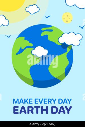 Earth Day Cartoon-Vektor-Poster-Design, mit Planet Erde, Wolken, Vögel und Sonne. Darstellung des Naturschutzkonzepts. Stock Vektor