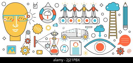 Automatisierung intelligente Technologie und Arbeitsprozess. Abstrakter Förderer mit Rekrutierungsteam, menschlicher Kopf mit futuristischer VR-Brille, künstlicher Intelligenz im infografischen Konzeptbanner, schlankes Kunstdesign Stock Vektor