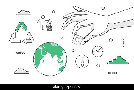 Globale Umwelt- und Abfallwirtschaft. Ökologischer Schutz, Recycling-Prozess Vektor monokolor Illustration Stock Vektor