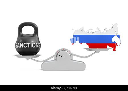 Black Iron Kettlebell mit Sanktionszeichen und russischen Flaggenkarten Balancing auf einer einfachen Gewichtsskala auf weißem Hintergrund. 3D Rendering Stockfoto