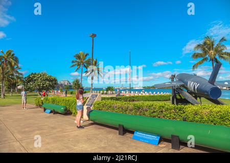 Pearl Harbor, Honolulu, Oahu, Hawaii, Vereinigte Staaten - August 2016: SSM N-8 Regulus 1 nukleare Cruise Rakete des Kalten Krieges 1950s-1960s. Befindet sich in Stockfoto