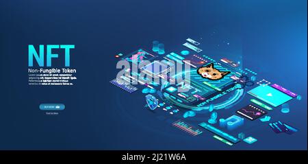 NFT-Token in Krypto-Artwork auf dem Mobiltelefon Stock Vektor