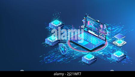 Isometrische Illustrationsanalyse Big Data und Datenstrom Stock Vektor