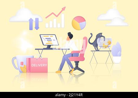 Freiberuflich tätig und von zu Hause aus arbeiten. Kleine Person, die online mit dem Computer arbeitet, sitzt auf einem Stuhl am gemütlichen Arbeitsplatz mit niedlichen Katzenkatzen mit Vektor-Illustration. Job, Internet-Konzept Stock Vektor