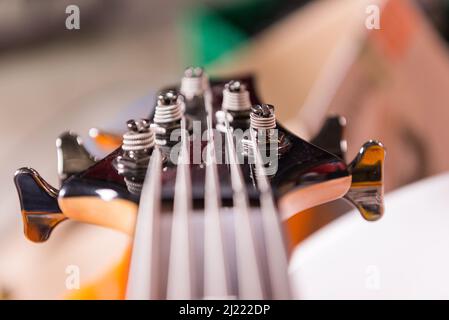 Details eines fünf-saitigen E-Basses. Stockfoto