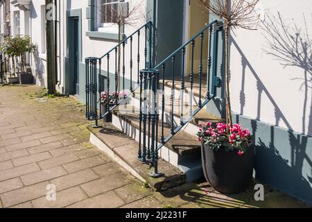 Steintreppen führen bis zur Eingangstür eines Hauses mit dekorativen Handgeländern in Modbury, South Hams, Devon Stockfoto