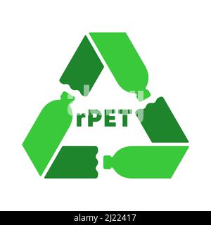 Zeichen oder Symbol für recycelte PET-Flaschen. Recycling-Zeichen Pfeile mit drei grünen Plastikflaschen gebildet. 100% recycelte Mehrwegprodukte . Vektor Stock Vektor