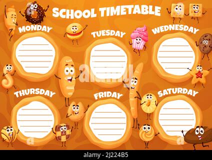 Cartoon-Kekse, Bäckerei und Desserts nach dem Zeitplan für die Bildung. Kindererziehung Zeitplan, Klassen Tageskalender oder Zeitplan mit lustigen Cupcake, Croissant und Donuts, Brot, Brot und Brötchen Stock Vektor