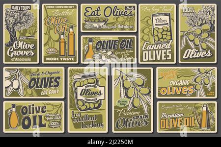 Olivenöl Vektor Retro Banner. Natives extra-Speiseöl in Kanne, Glasgefäß, Blechdose und Flasche. Reife Oliven auf Baumzweig. Mediterrane Küche natürliches Bio-Produkt, vintage Grunge Werbekarten-Set Stock Vektor