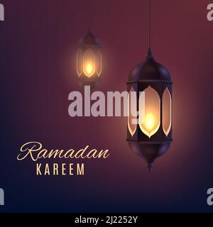 Ramadan Kareem Laternen, Islam Religion Festival Eid 3D Vektor Grußkarte. Arabische goldene Lampen mit brennenden Kerzen auf dunklem Hintergrund. Muslimische fastin Stock Vektor