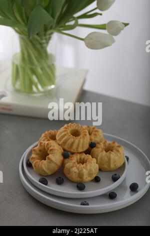 Mini-gebundener Kuchen mit Früchten auf Teller auf einem grauen Tisch. Frühstück. Speicherplatz kopieren Stockfoto