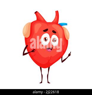 Human lustig Cartoon Herz Charakter Vektor Anatomie Maskottchen oder Kardiologie Medizin emoji. Nette gesunde Herz-Persönlichkeit sprechen und Zeigefinger, internes Organ des Herz-Kreislauf-System Emoticon Stock Vektor