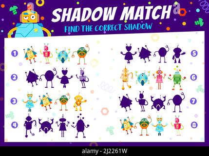 Cartoon Mechaniker Roboter auf Kinder Schattenspiel Arbeitsblatt. Kinder pädagogische Spielaktivität, Schatten vergleichen Spiel oder Kinder logische Rätsel mit der Suche nach richtigen Schatten. Kind Intelligenz Vektor Puzzle Stock Vektor