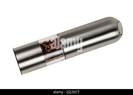 Pfeffer Silbermühle auf weißem Hintergrund. Stockfoto